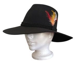 VTG Lanning Headwear Black Cowboy Hat With Multicolour Feather Made in Canada